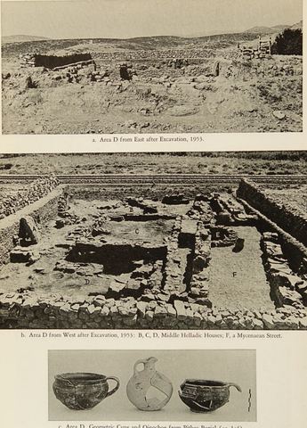 Hesperia plate showing excavation Area D at Lerna, with the Argos–Myloi railway right beside the trench, plus pottery.