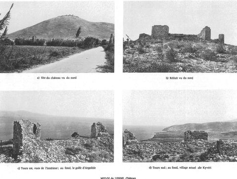 Full plate 140 'MYLOI de LERNE. Château' with four photos of the castle on Mt Pontinos.