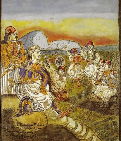 Fresco by Theofilos of Kolokotronis gathering the victors over Dramalis at Lerna (1822), with an imaginary landscape.
