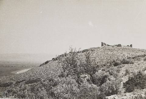Towers of the keep of the Pontinos castle from the west, with the plain and the shore near Myloi below.