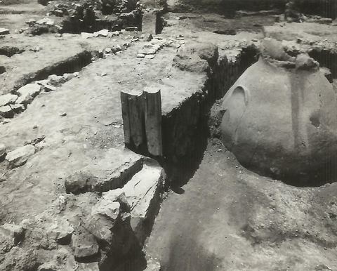 Lerna excavation: entrance of Room 45 with the partly restored wooden door post.