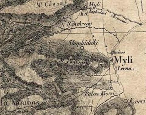 Crop of the Expédition de Morée map showing Myli (Lerna), Mt Pontinos, Skafidaki and Kiveri.