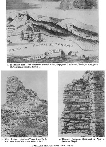 Full Hesperia 31 plate 114: (a) Coronelli's 1686 engraving of Thermisi and (b) the northwest tower of the redoubt of the Pontinos castle ('Kiveri').