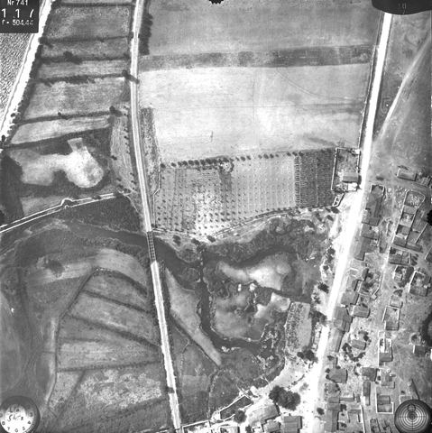 Vertical aerial photo annotated "Lerna": fields, orchards, the spring area and houses along the road.