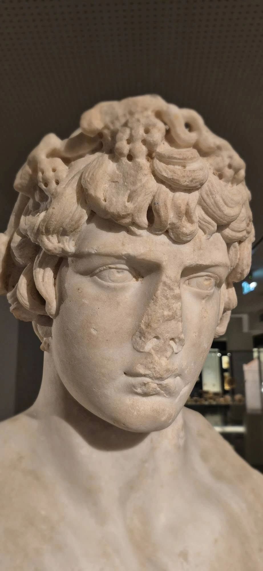 Close-up of the marble face of Antinoos, with his curly hair and a damaged nose, in the Archaeological Museum of Argos