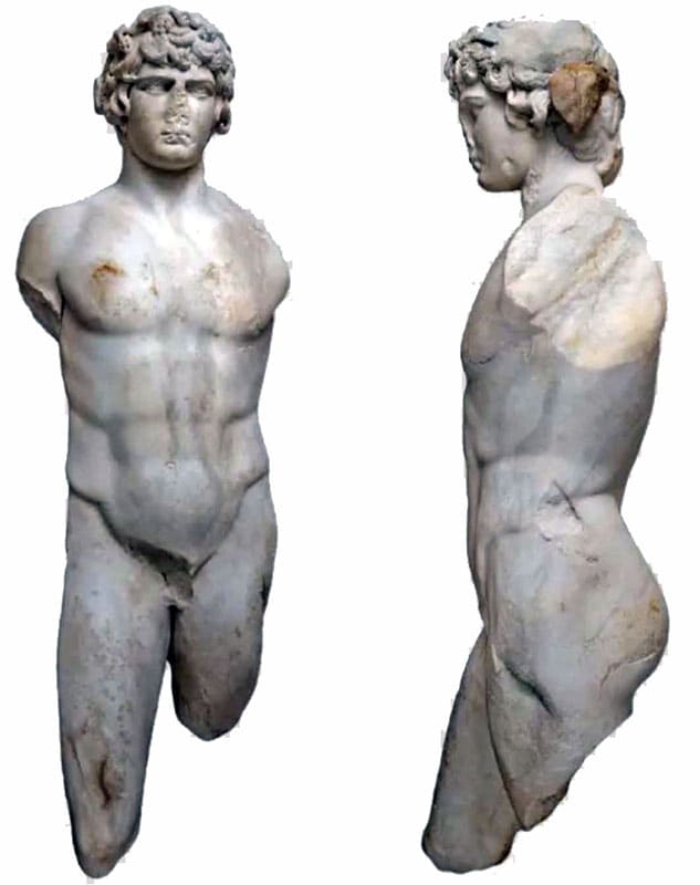 Marble statue of Antinoos, the youth deified by Emperor Hadrian, seen from the front and the side