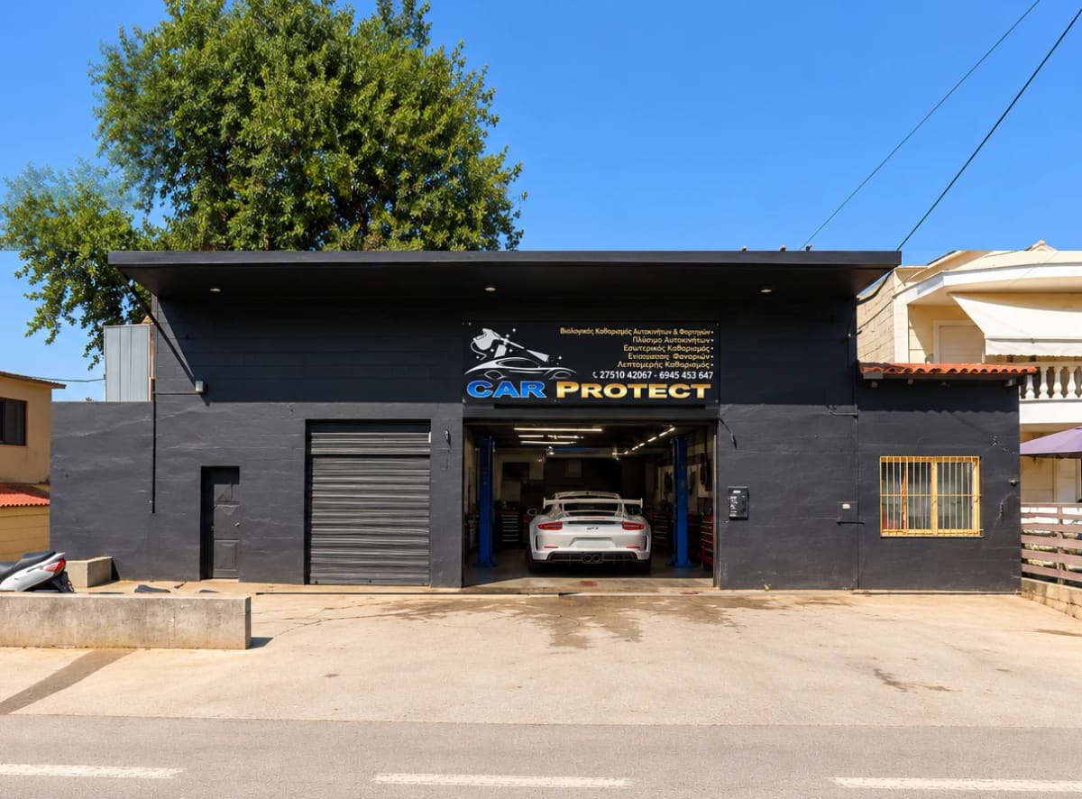 Dark grey car wash building with the CAR PROTECT sign and phone numbers above an open door, a white sports car inside