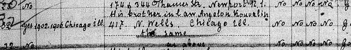 The back of the same sheet. Mila had been in the United States before ("yes, 1902–1906, Chicago, Ill.") and was going to "his brother-in-law Angelos Kouvalis, 417 N. Wells, Chicago Ill." For Stavros: "the same, as above".