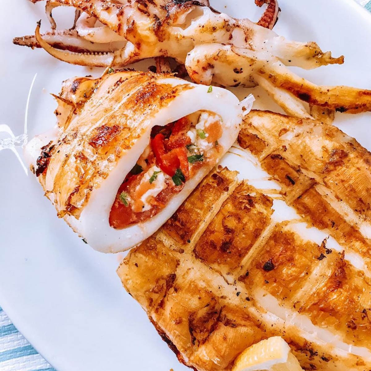 Grilled stuffed squid served on a white plate