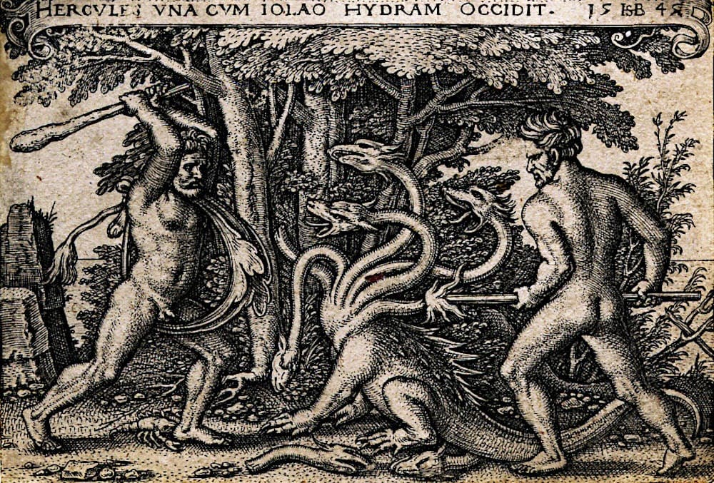 Sixteenth-century engraving of Heracles and Iolaos fighting the many-headed Hydra