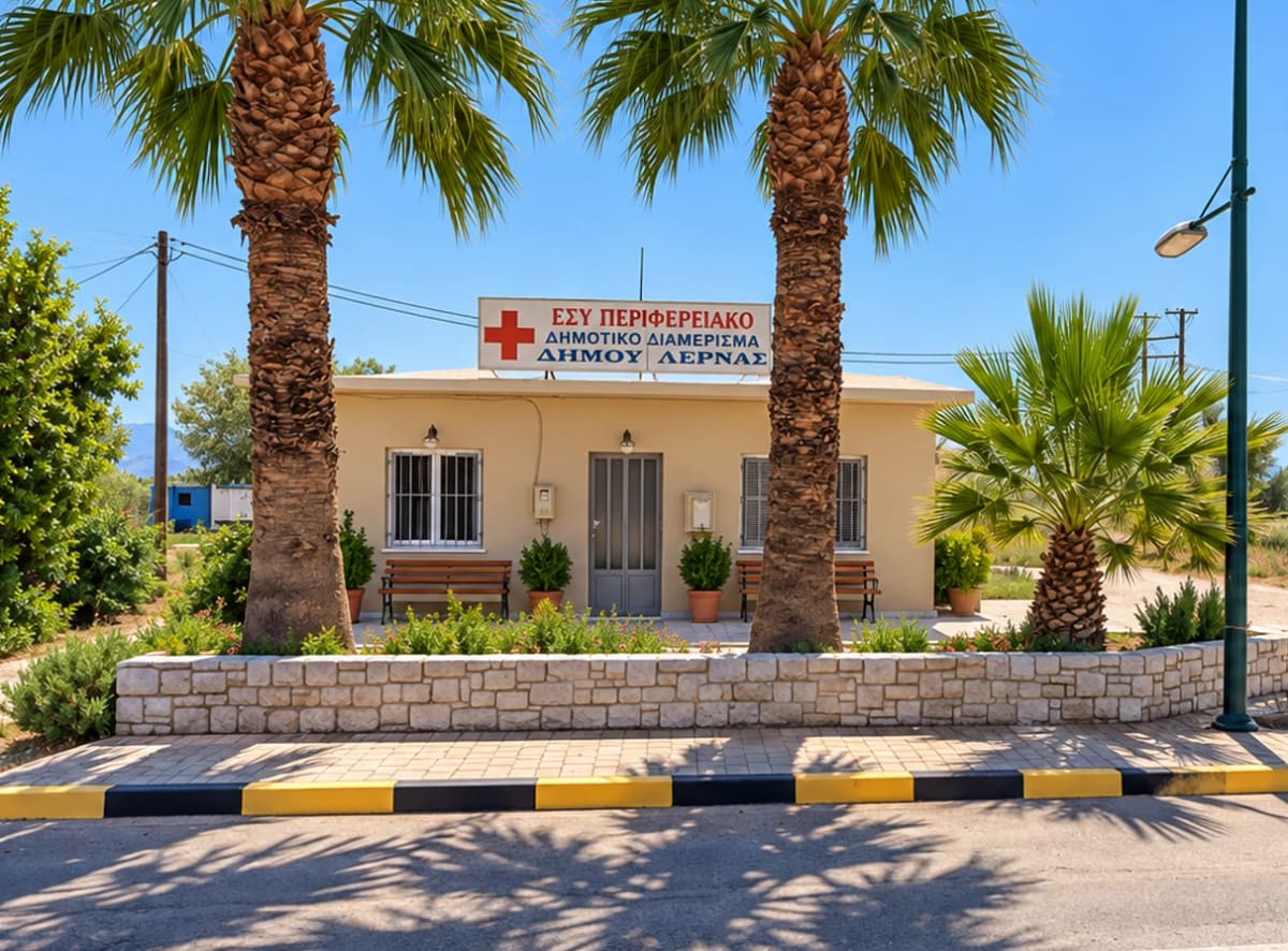 Small cream-coloured medical office with a red-cross sign of the national health service (ESY), benches by the door and palm trees in front