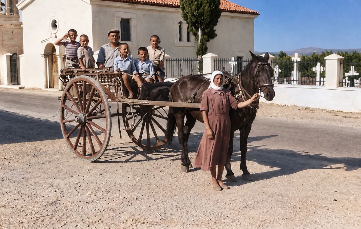 Colourised afterwards: a family poses with a horse-drawn cart in front of the church of Agios Dimitrios and its walled cemetery, in the 1950s, when the Americans were excavating Lerna