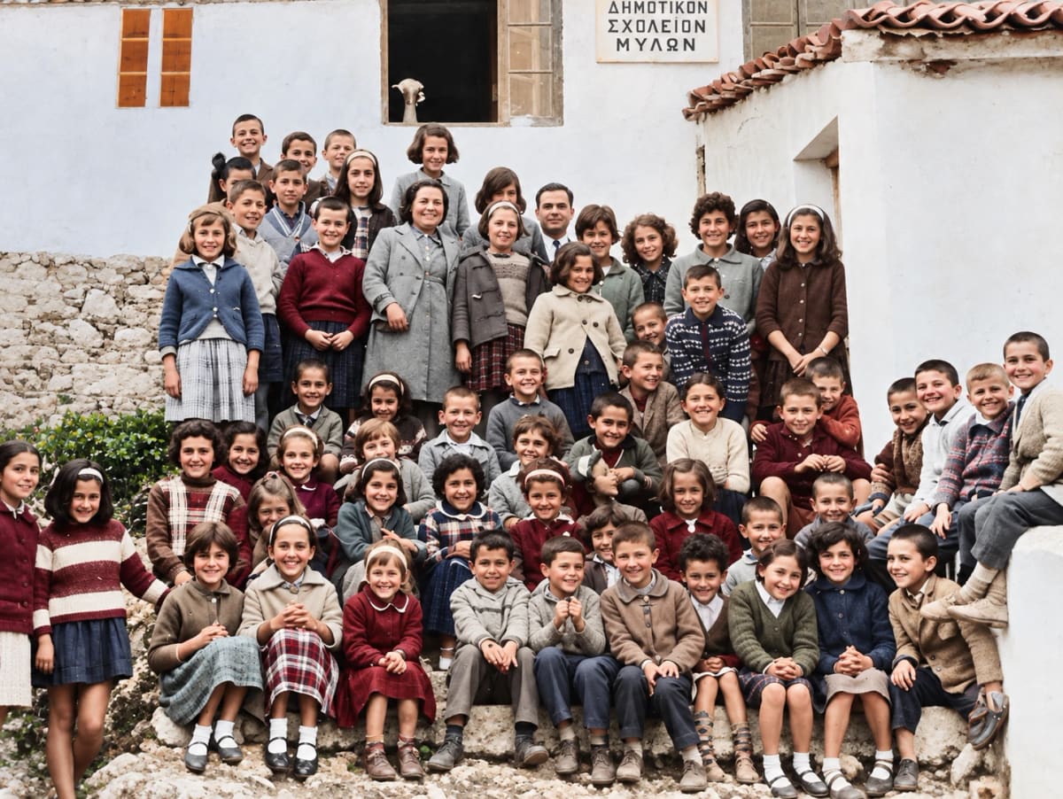 Hand-coloured class photo of the pupils and teachers in front of the Dimotikon Scholeion Mylon, the primary school of Myloi (digitally restored)