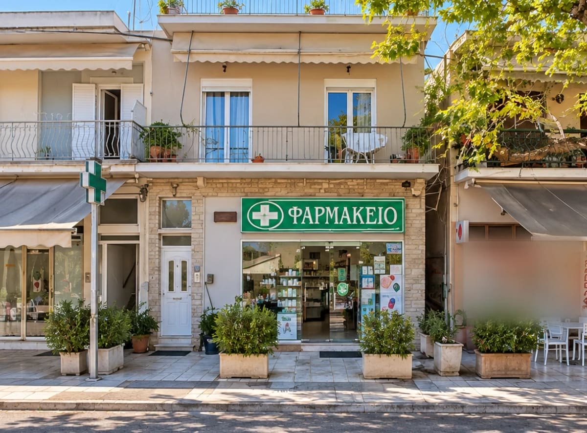 The pharmacy with a green ΦΑΡΜΑΚΕΙΟ sign above the shop window, a green cross on a pole and potted plants on the pavement
