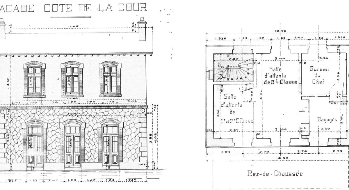 Original drawing of the station building: façade and ground plan with waiting rooms, station master's office and luggage room