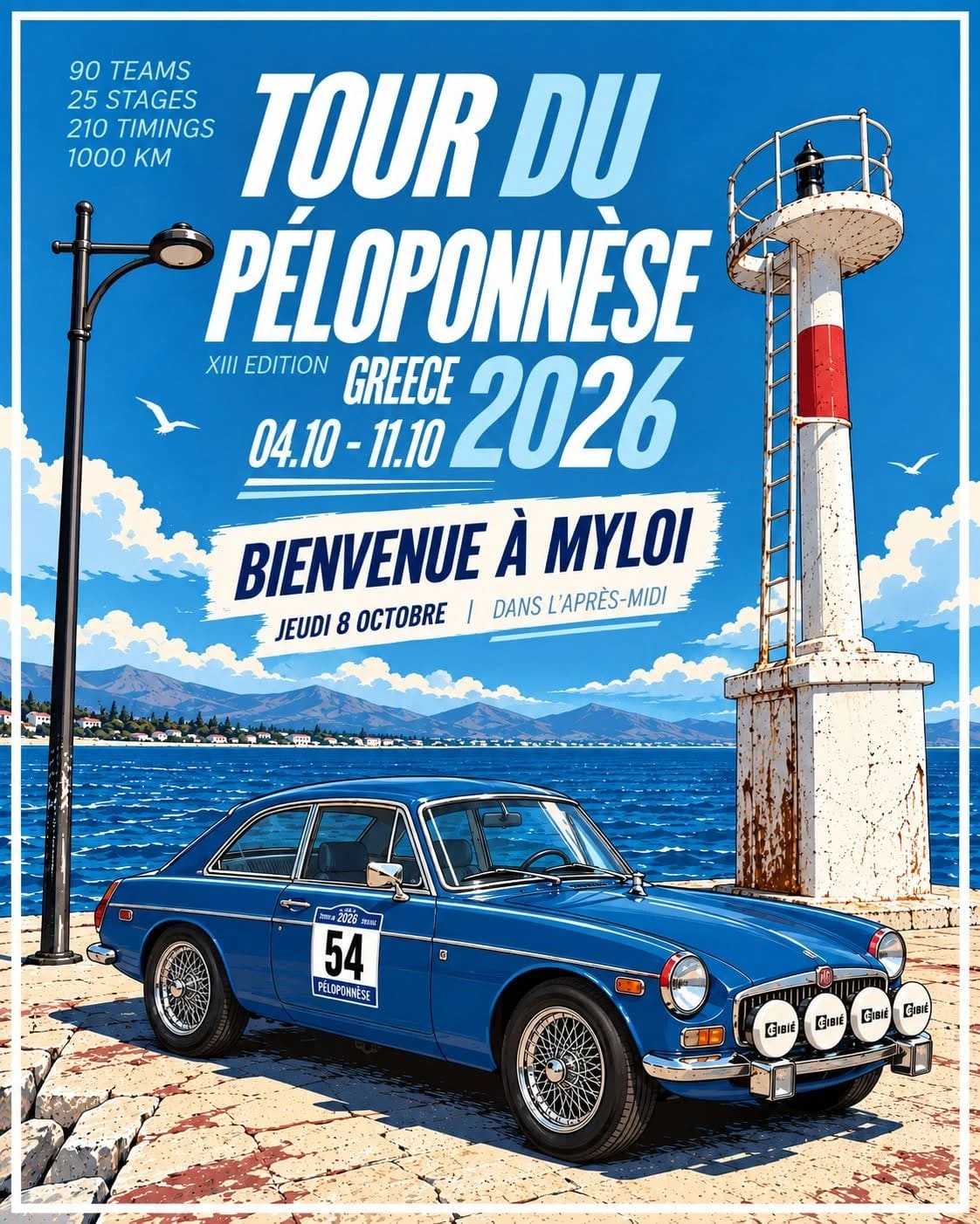 Welcome poster 2026: a blue MG with start number 54 by the lighthouse of Myloi; 13th edition, 4–11 October, in Myloi on Thursday 8 October in the afternoon
