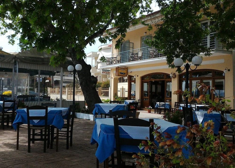 The terrace of Lykos under a large tree, with blue tablecloths and the yellow restaurant building behind
