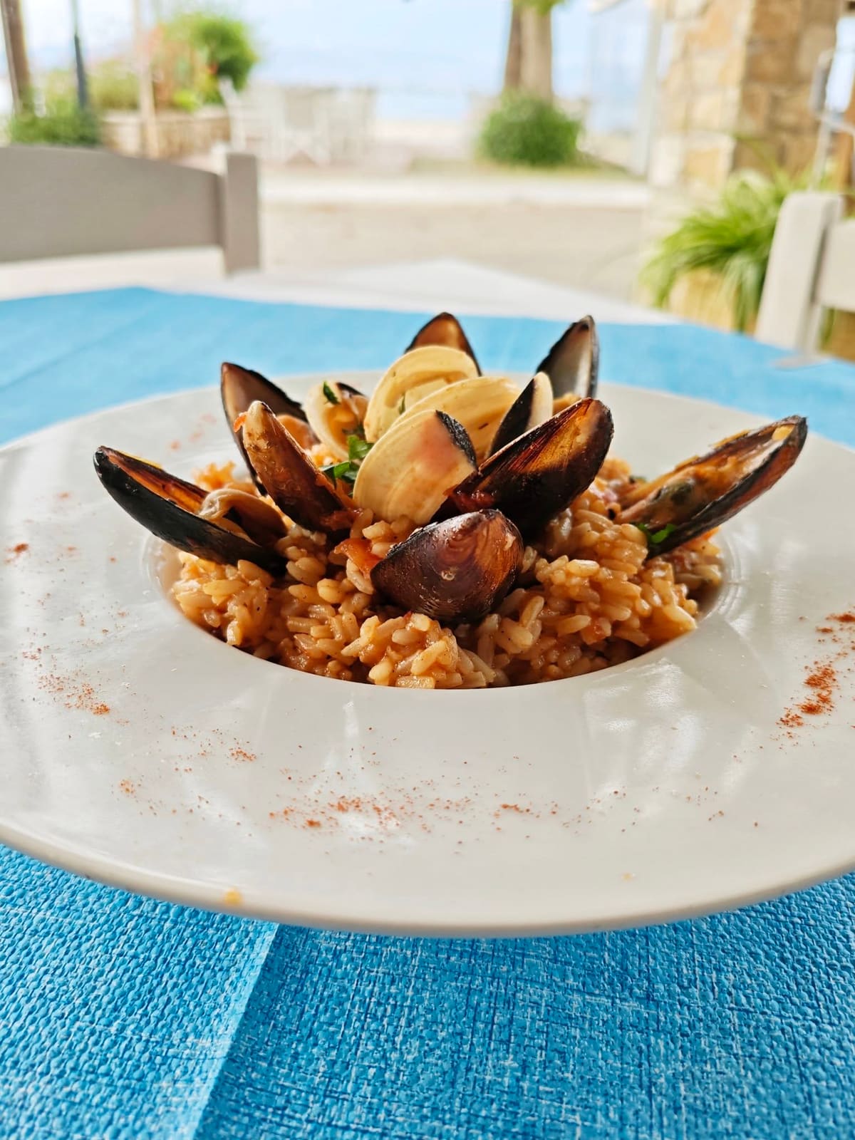A plate of seafood risotto with mussels on a blue tablecloth, with the beach and the sea behind