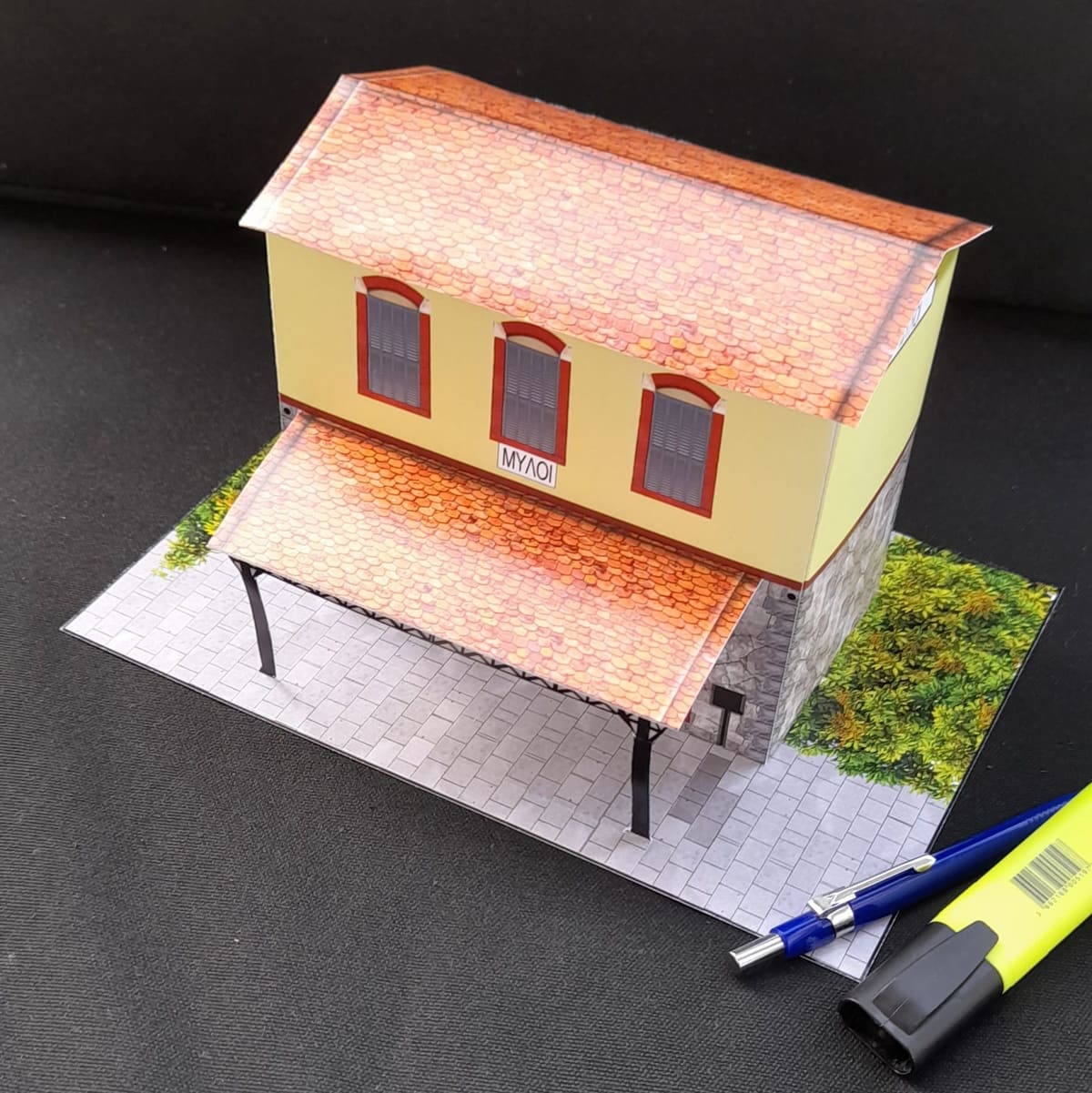 Hand-made scale model of a Myloi railway station building