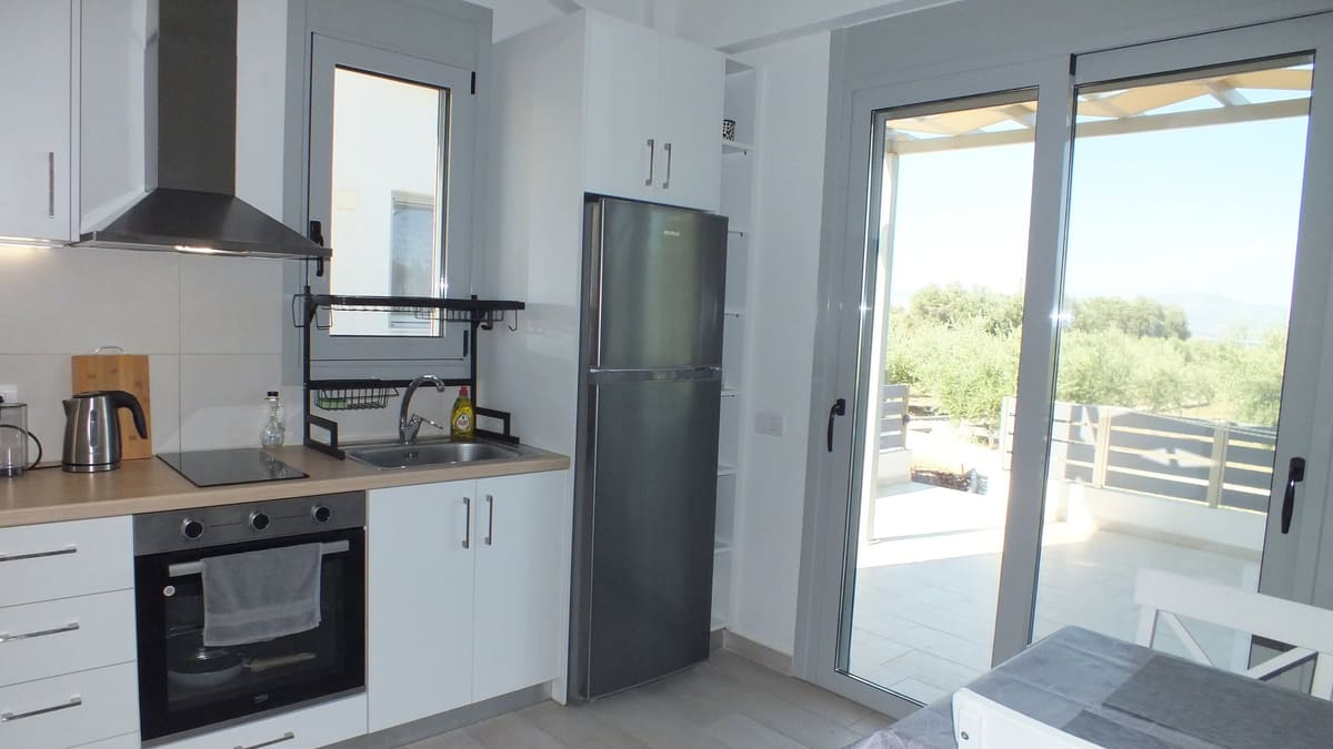Kitchenette beside a glass door that opens onto a terrace and olive trees