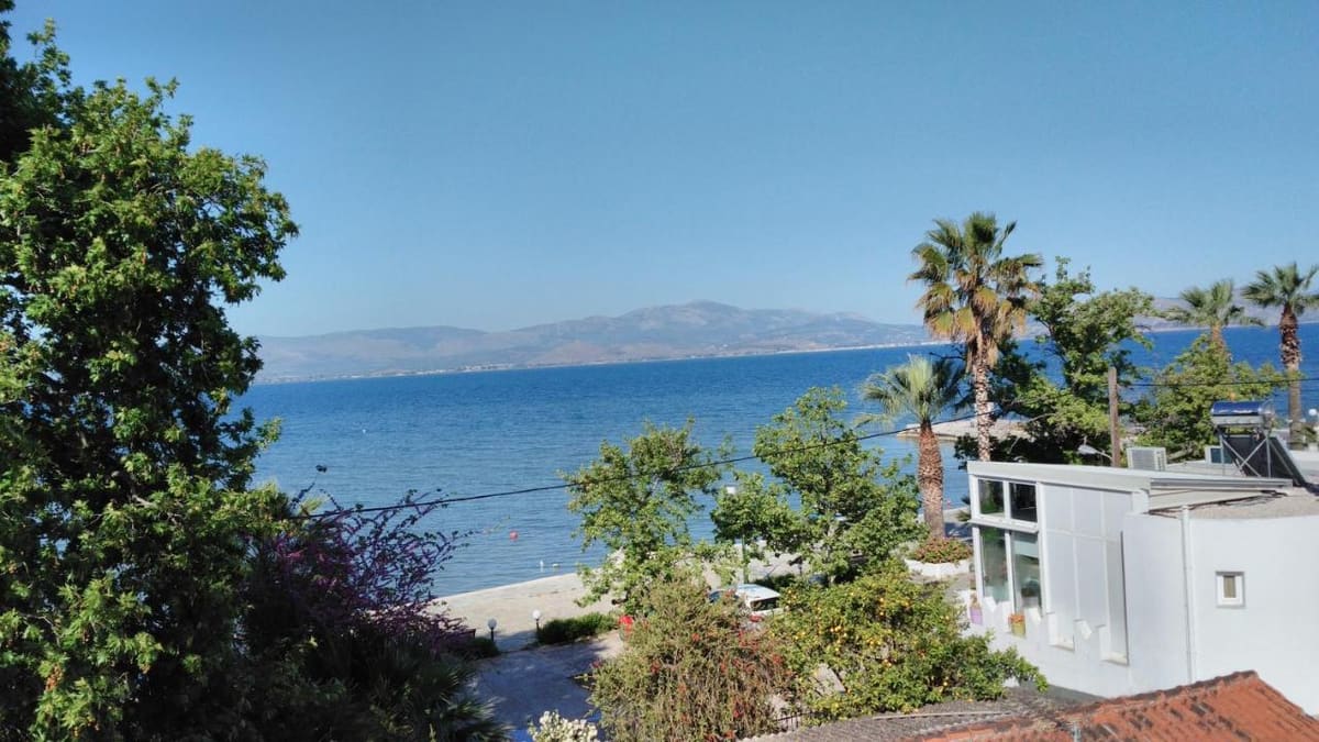 View from Lerna Rooms over green trees and palm trees to the blue gulf and the mountains on the far shore