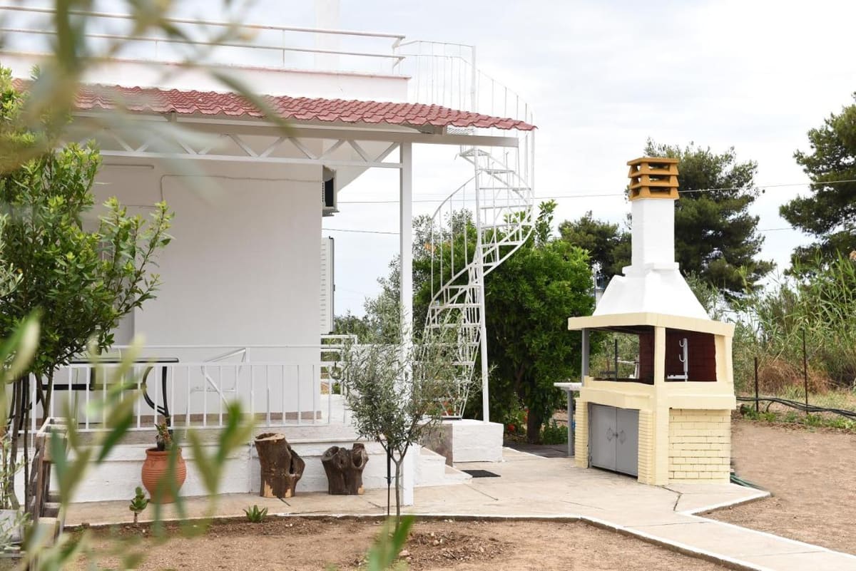 The house with a spiral staircase to the roof terrace and a built-in barbecue in the garden