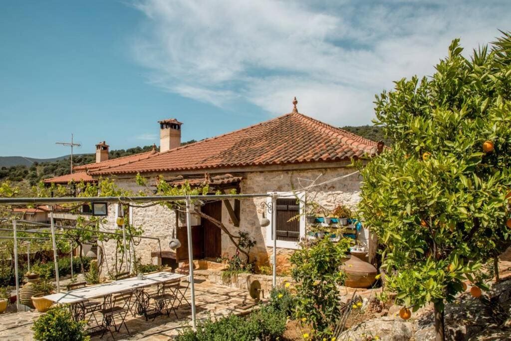 The stone house with a tiled roof, a pergola, a long table outside and orange trees in the garden