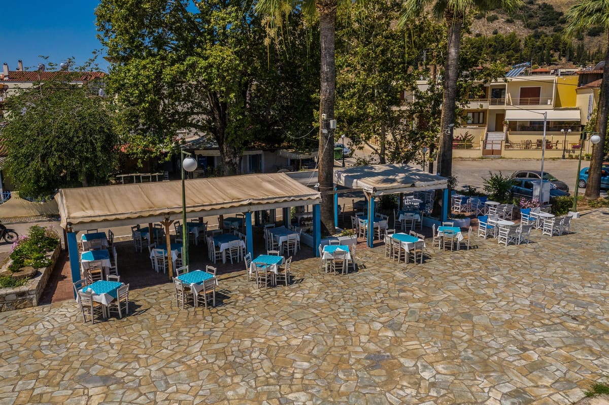 Taverna tables with blue chairs on the stone-paved quay under palm trees