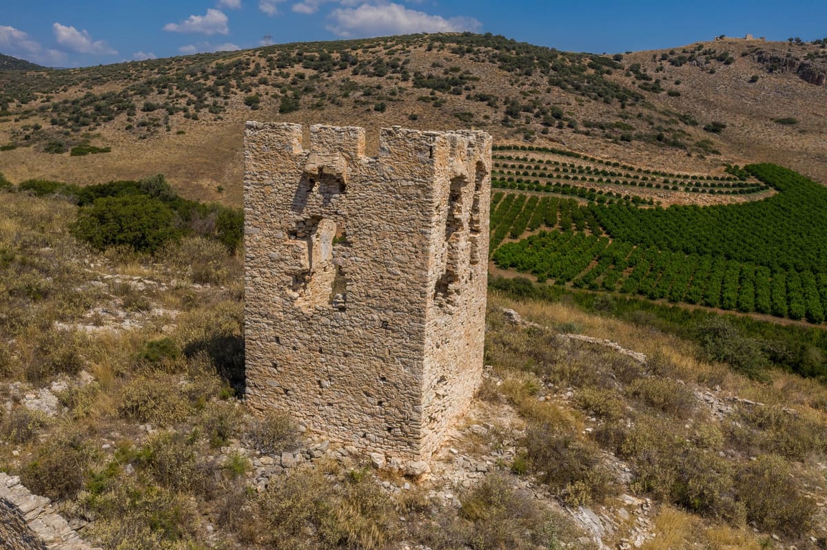 The tall stone Vasilopoula tower among vineyards in the hills south of Myloi